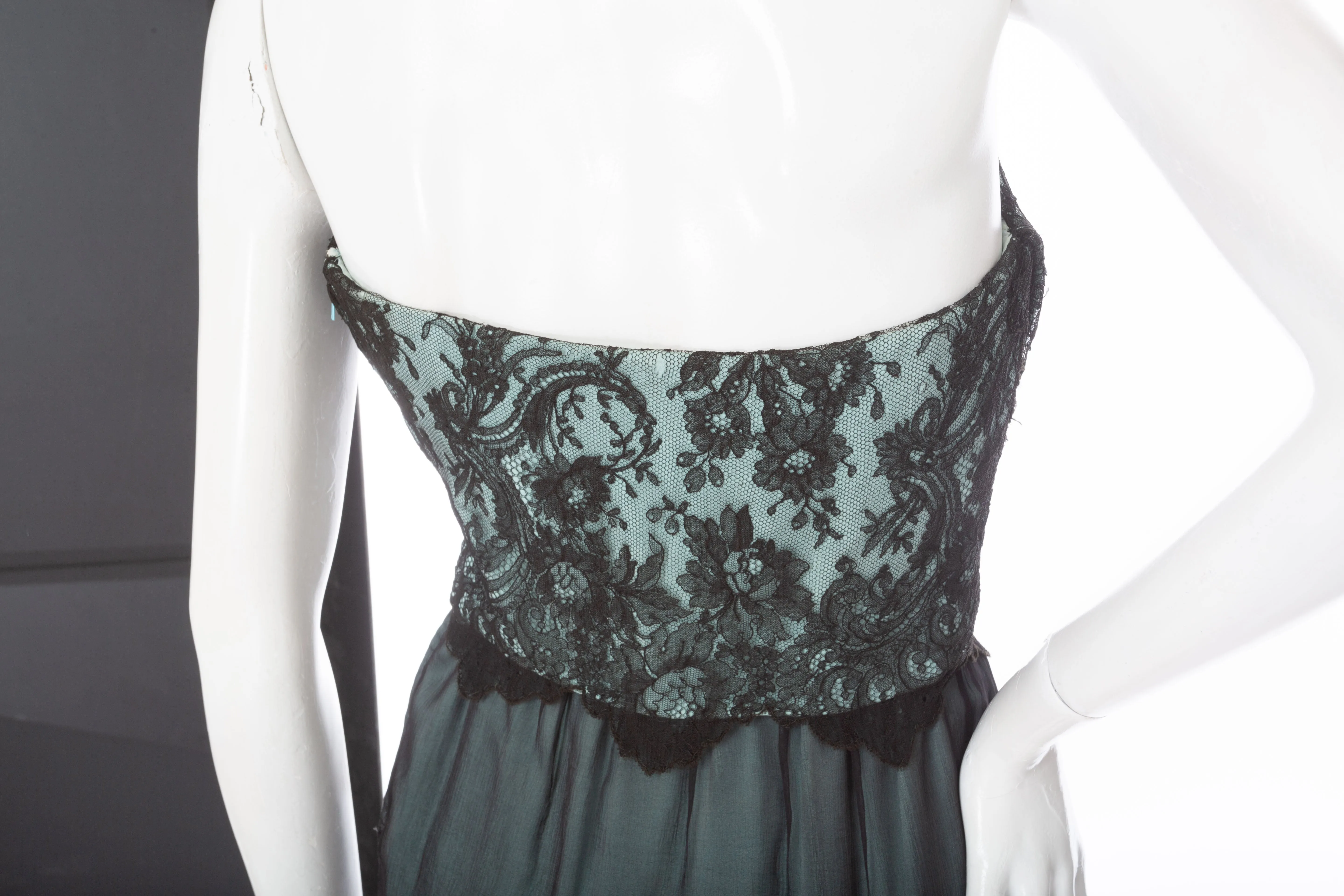 1960s Haute Couture Teal and Black Lace Chiffon Cowl Neck Dress