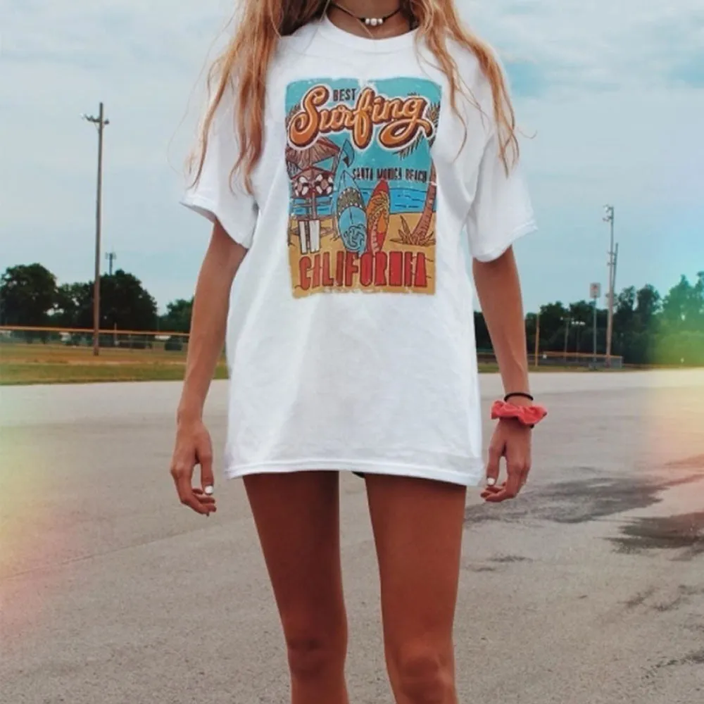 1Pcs White Tees Summer Casual Oversized Tee Best Surfing Santa Monica California Womens Retro Style