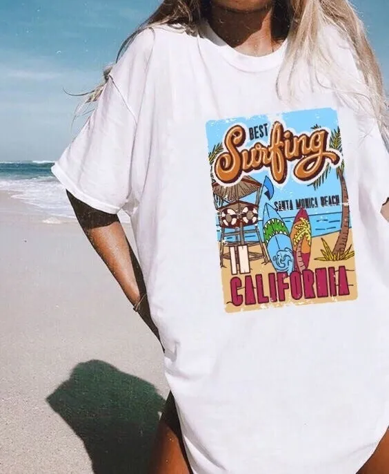 1Pcs White Tees Summer Casual Oversized Tee Best Surfing Santa Monica California Womens Retro Style