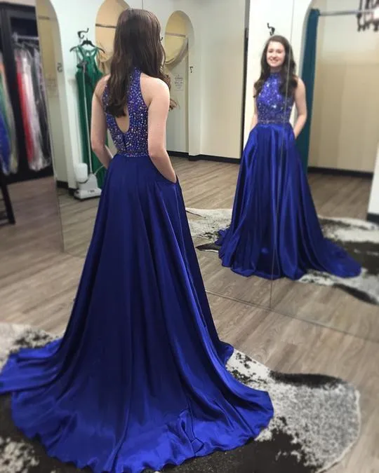 2 Pieces Prom Dresses, High Neck Prom Dresses, Rhinestone Prom Dresses, Long Prom Dresses, BG0394