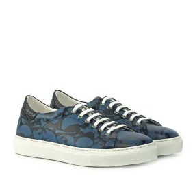 Ambrogio Bespoke Custom Men's Shoes Black & Blue Crocodile Print / Calf-Skin Leather Stencil Trainer Sneakers (AMB1942)