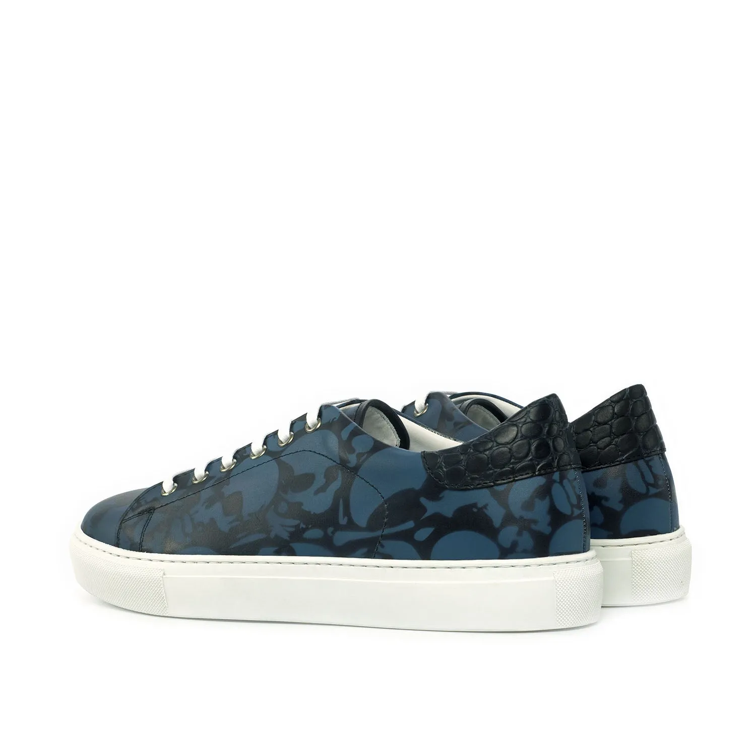 Ambrogio Bespoke Custom Men's Shoes Black & Blue Crocodile Print / Calf-Skin Leather Stencil Trainer Sneakers (AMB1942)