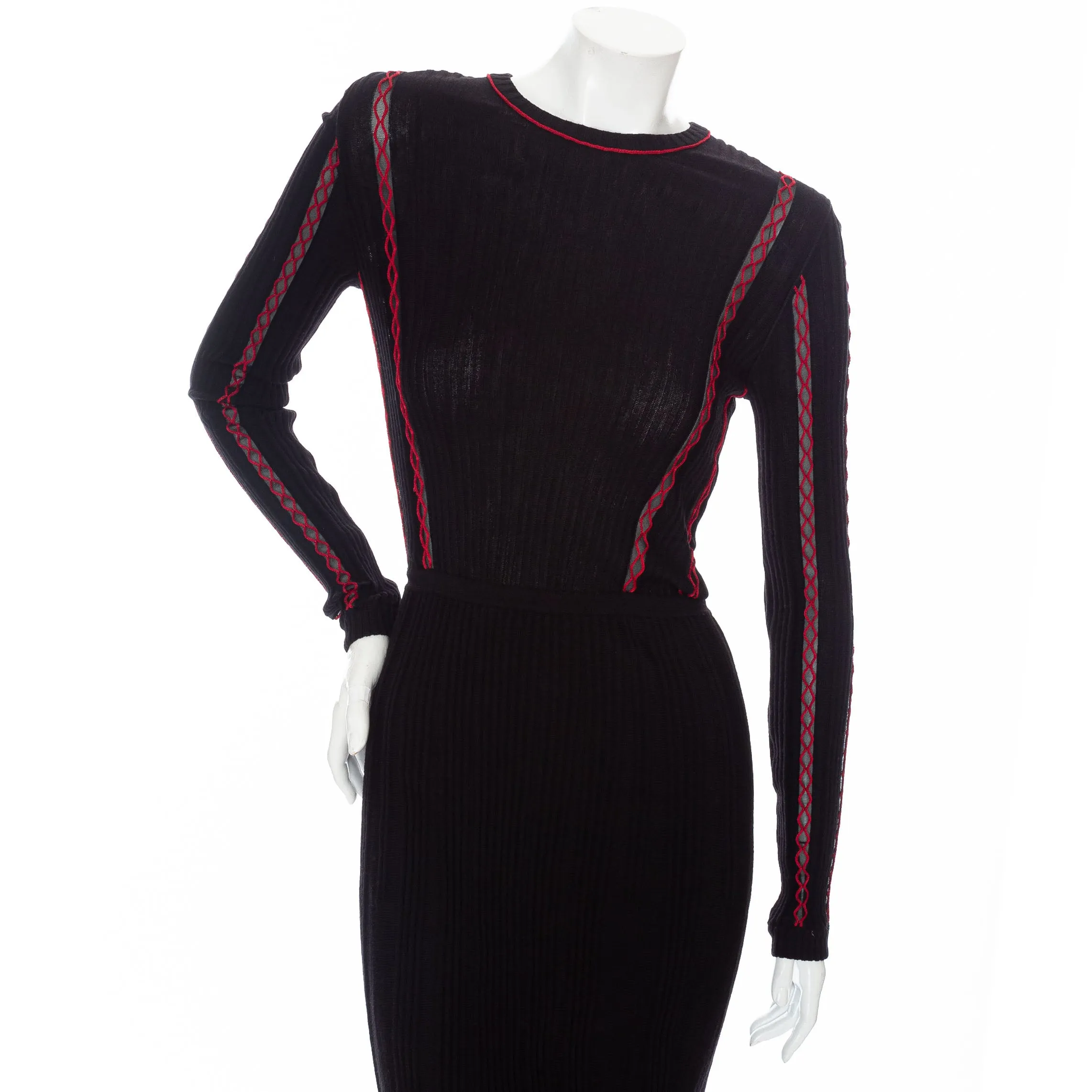 Black and Red Trim Rib-Knit Bodycon Dress