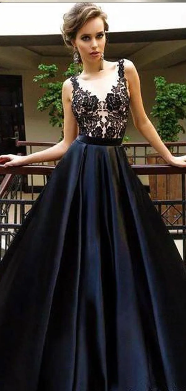 Black Appliques Sexy See Through Long A-line Cheap Prom Dresses, BG0128