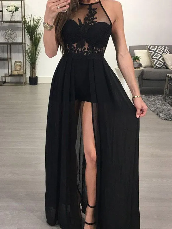 Black Halter Prom Dresses, Side Slit Prom Dresses, Appliques Prom Dresses, Prom Dresses, BG0401