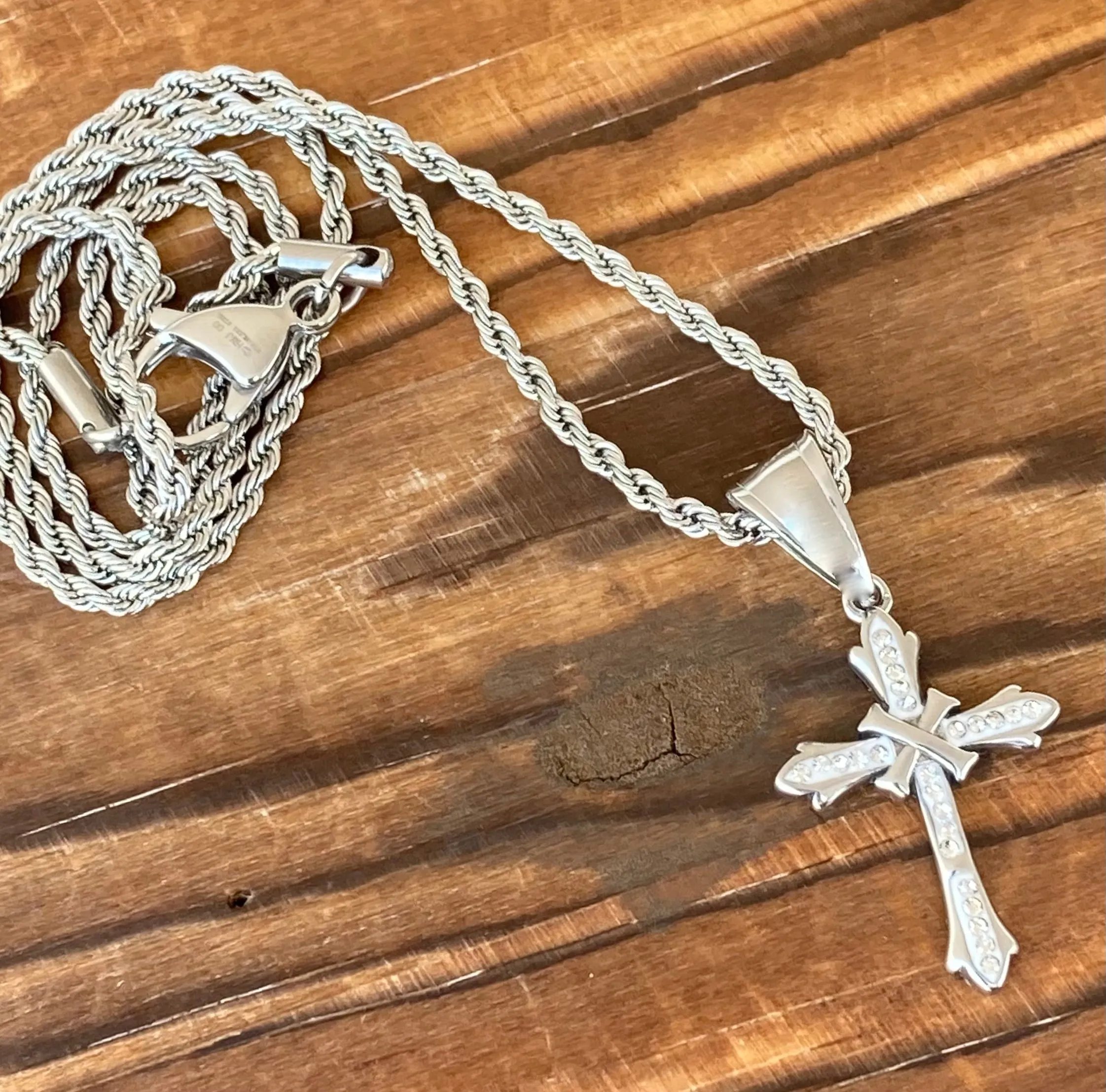 Bling Cross - White Stone - Mini Pendant - Rope Necklace - SK2604M