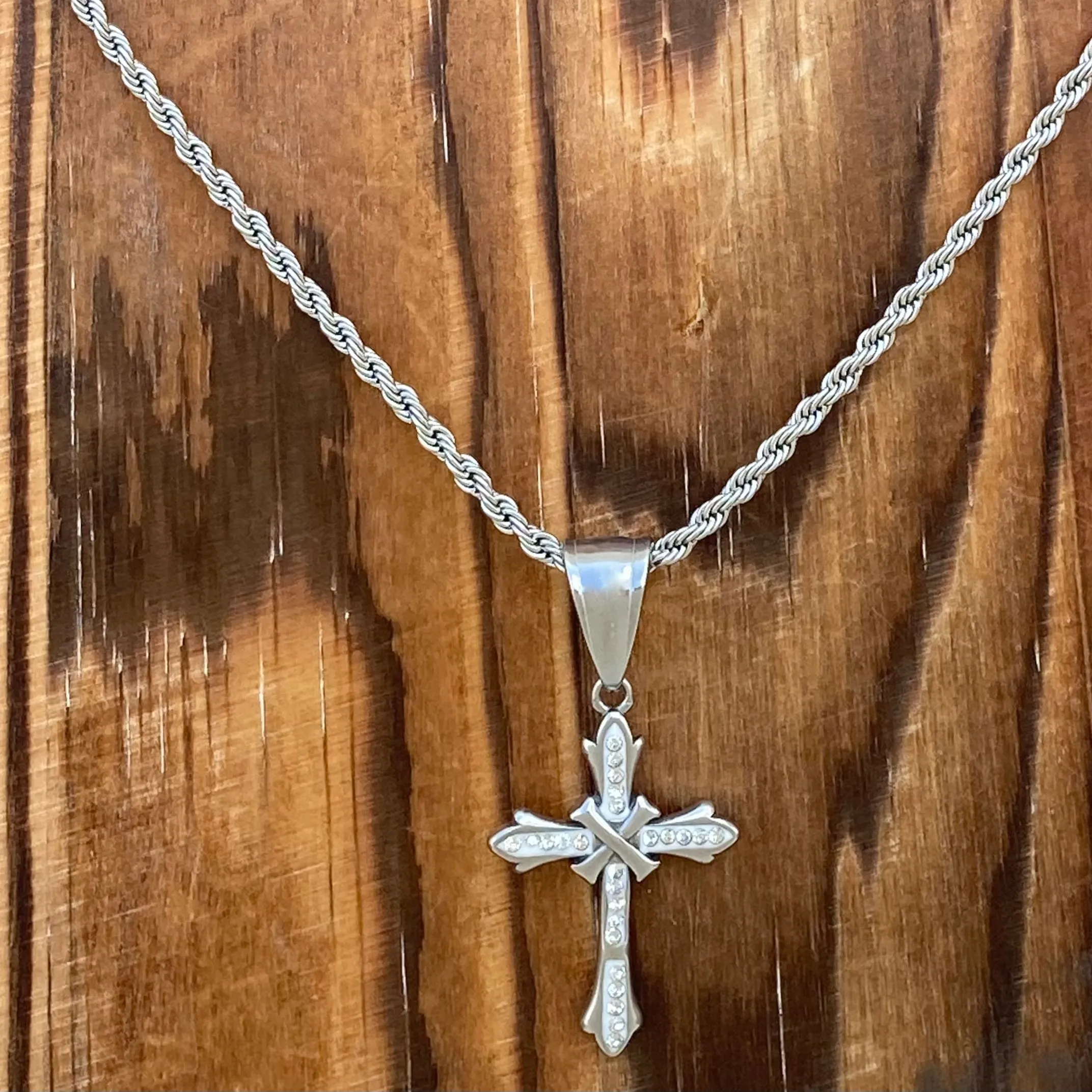 Bling Cross - White Stone - Mini Pendant - Rope Necklace - SK2604M