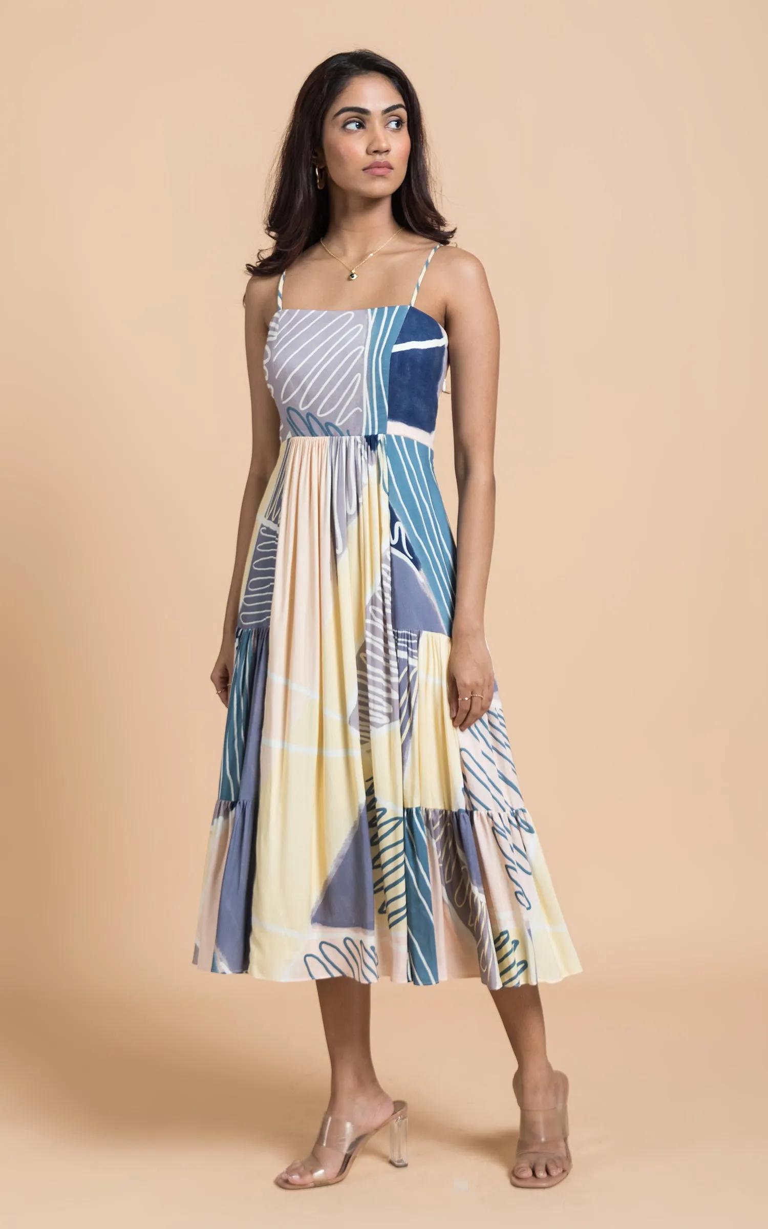 Blue Abstract Printed Midi Dress