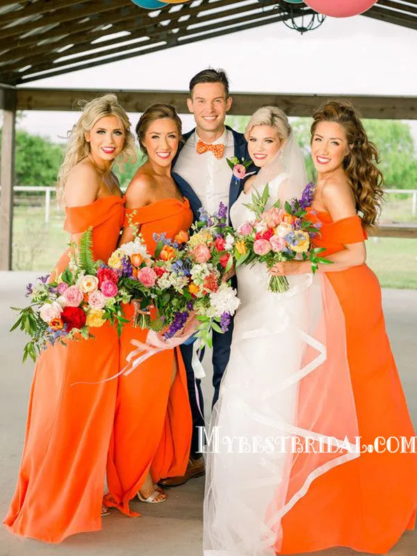 Charming Off-The-Shoulder Orange Satin Sidei Slit Mermaid Long Cheap Bridesmaid Dresses, BDS0019