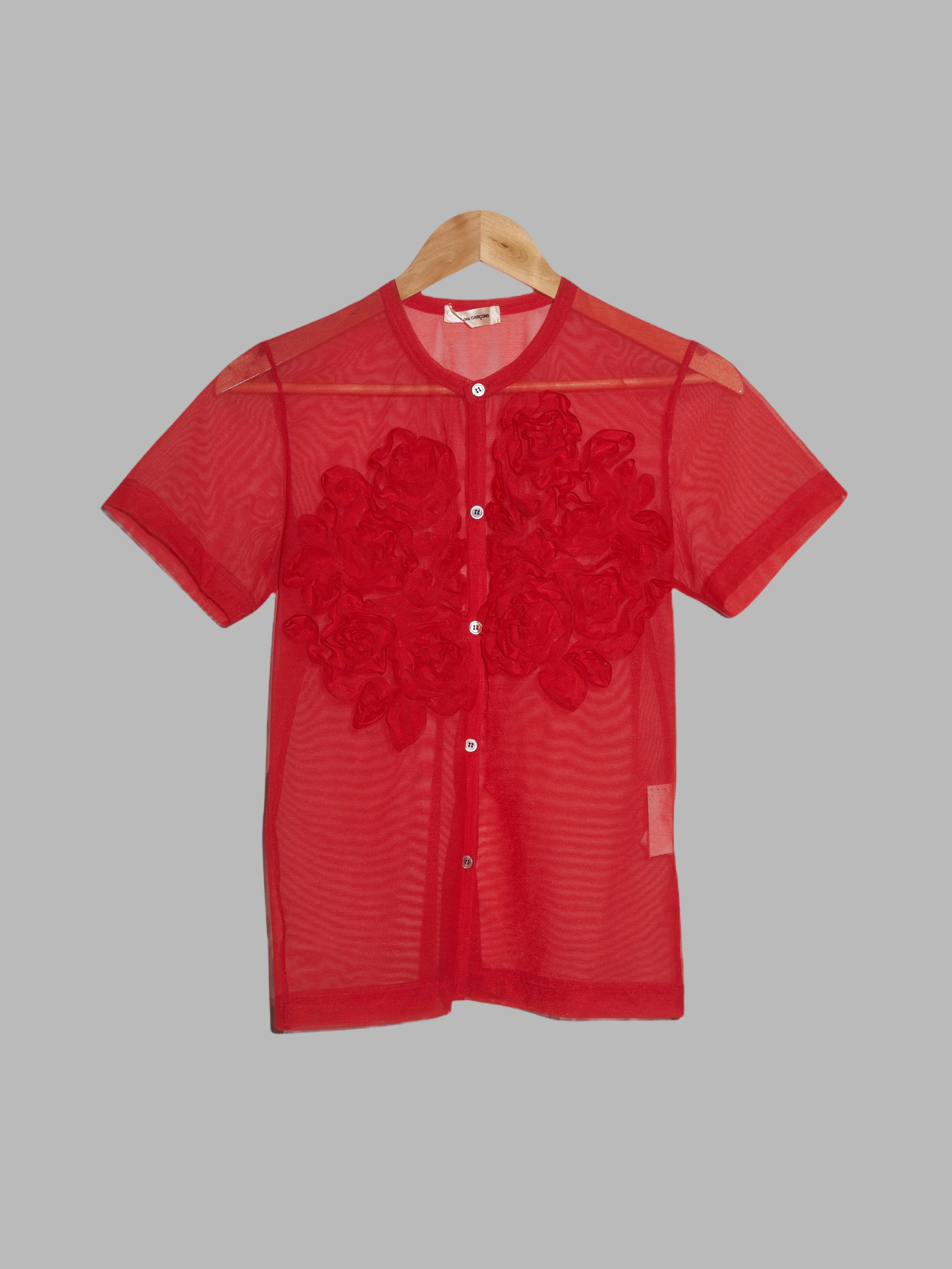 Comme des Garcons SS1998 sheer red floral ruffle short sleeve top or cardigan