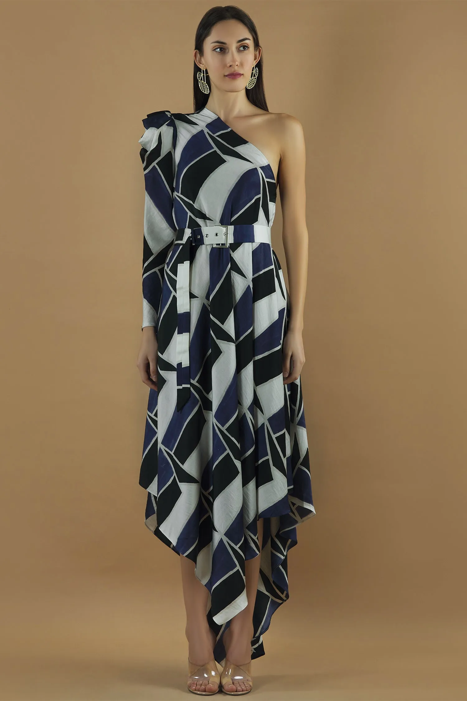 Geometric Printed One Shoulder Drape