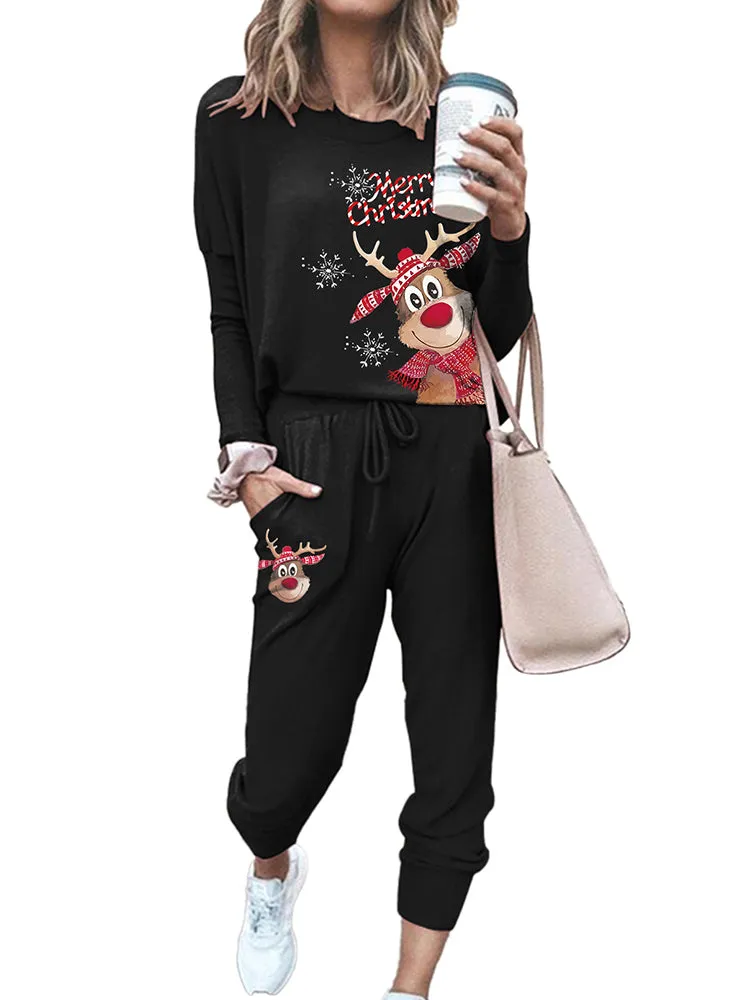 Lounge Sets for Women Christmas Reindeer Print Loungewear Set Jogging Suits