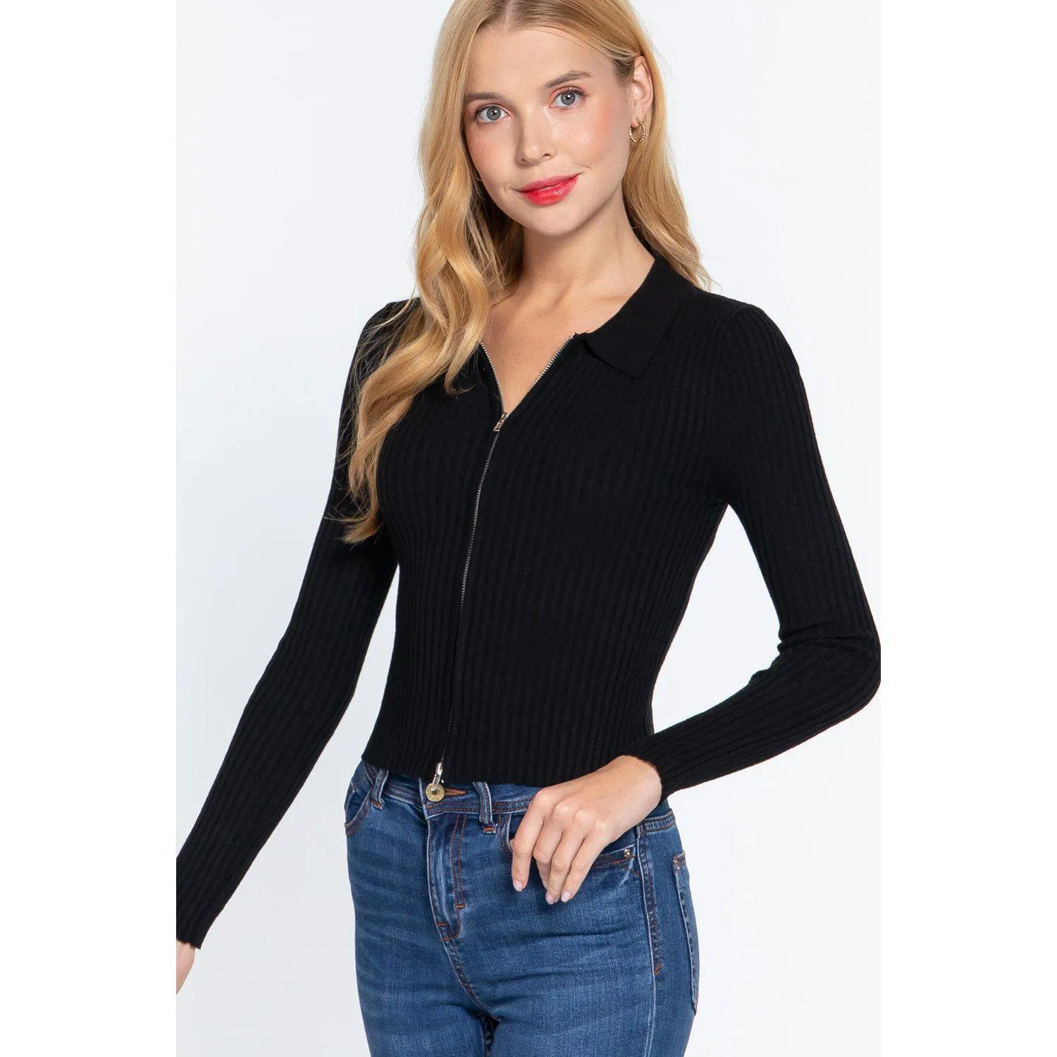 Notched Collar Zippered Sweater