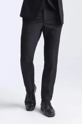 "Essentials" Black Wool Plain Front Tuxedo Pants